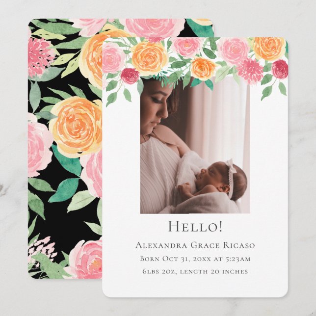 Hello New Baby Photo Personalised Pink Flowers Invitation (Front/Back)