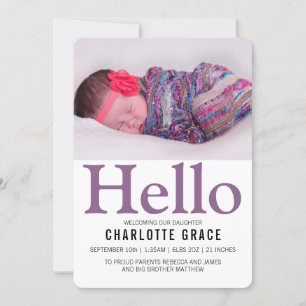 Hello New Baby Purple Personalised Announcement