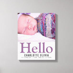 Hello New Baby Purple Themed Personalised keepsake Canvas Print