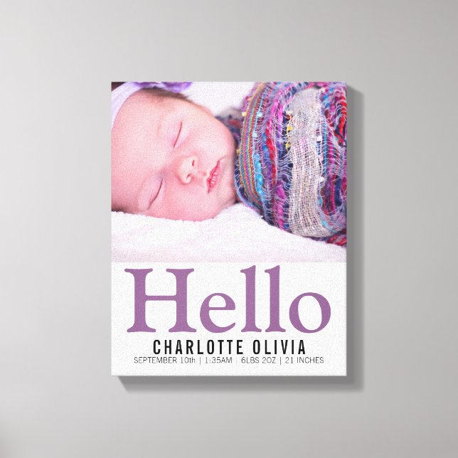 Hello New Baby Purple Themed Personalised keepsake Canvas Print (Front)