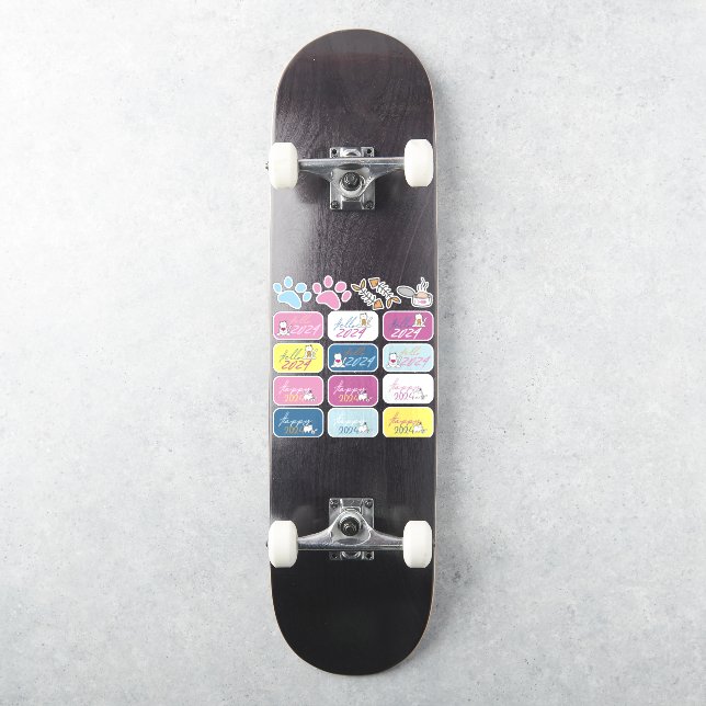 Hello New Year 2024 With Playing Cats (Skateboard)