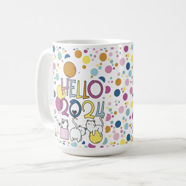 Hello New Year 2024 With Playing Cats Coffee Mug (Front Left)