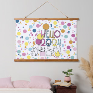 Hello New Year 2024 With Playing Cats Hanging Tapestry