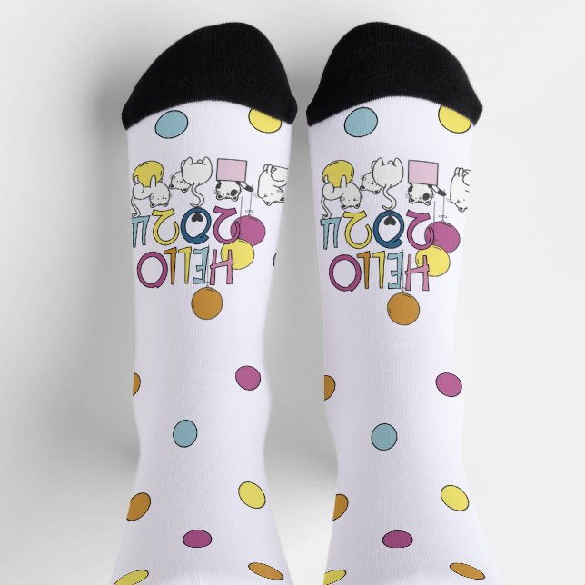 Hello New Year 2024 With Playing Cats Socks (Top)