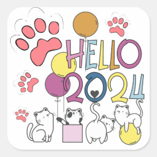Hello New Year 2024 With Playing Cats Square Sticker