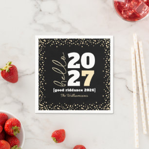 Hello New Year Black Gold Modern Custom Year Name Napkin