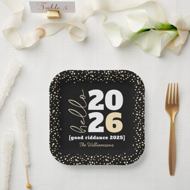 Hello New Year Black Gold Modern Custom Year Name Paper Plate (Wedding)