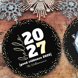 Hello New Year Black Gold Modern Custom Year Name Round Paper Coaster