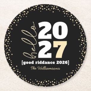 Hello New Year Black Gold Modern Custom Year Name Round Paper Coaster
