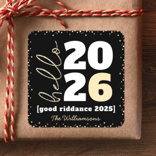 Hello New Year Black Gold Modern Custom Year Name Square Sticker