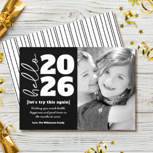Hello New Year Black White Bold Custom Year Photo Holiday Card