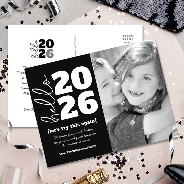 Hello New Year Black White Bold Custom Year Photo Holiday Postcard (Creator Uploaded)