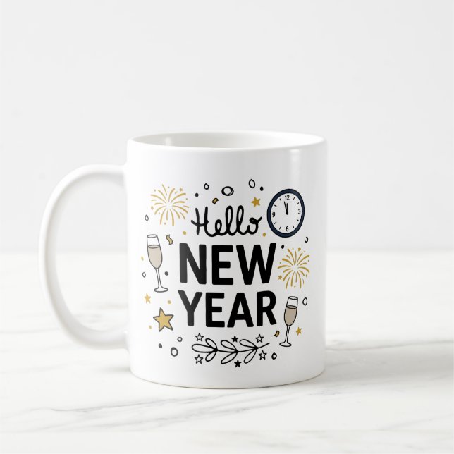 Hello New Year Cute Hand-Drawn Fireworks Mug (Left)