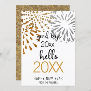 Hello New Year Festive Fireworks Gold Glitter Chic Holiday Card