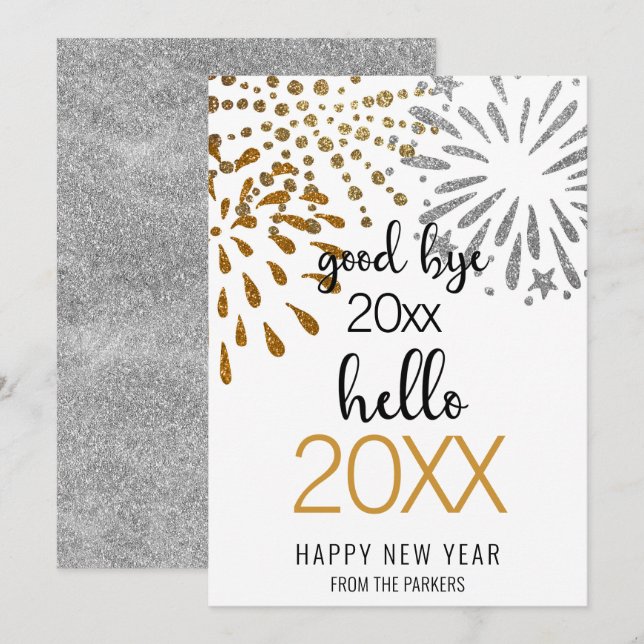 Hello New Year Festive Fireworks Gold Glitter Chic Holiday Card (Front/Back)