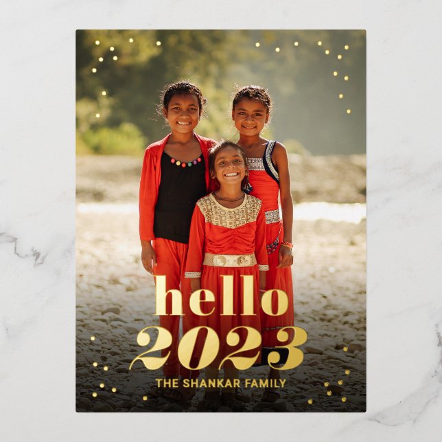 Hello New Year Foil Photo Holiday Postcard (Front)
