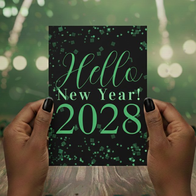 Hello New Year! Happy New Year Green Black Sparkle Holiday Card (Creator Uploaded)