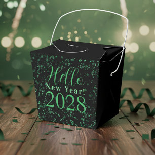 Hello New Year! New Year's Eve Green Black Sparkle Favour Box