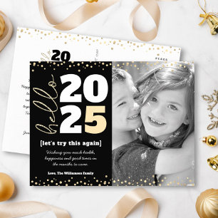 Hello New Year Photo Black Gold Modern Custom Year Holiday Postcard