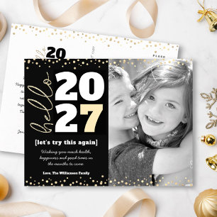Hello New Year Photo Black Gold Modern Custom Year Holiday Postcard