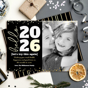Hello New Year Photo Bold Type Black Real Gold Foil Holiday Card
