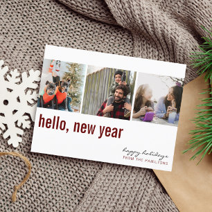 Hello New Year Simple Typography Photo Maroon Postcard