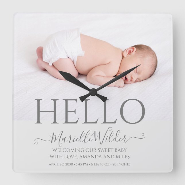 Hello Newborn Baby Photo Birth Square Wall Clock (Front)