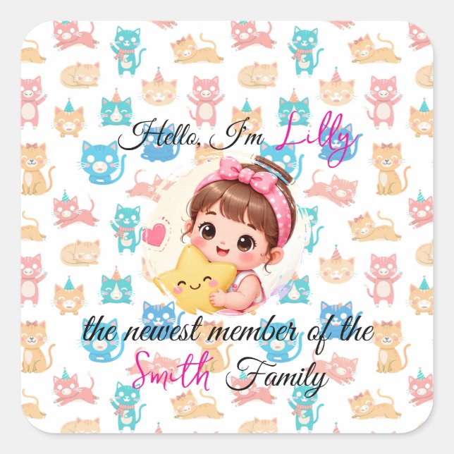 Hello newest member of family patterns cat custom square sticker (Front)