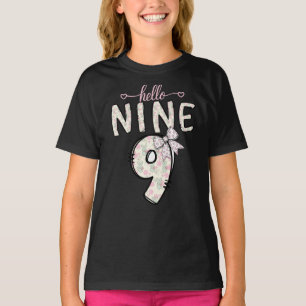 Hello Nine Pink 9th Birthday Girl Coquette Bow T-Shirt