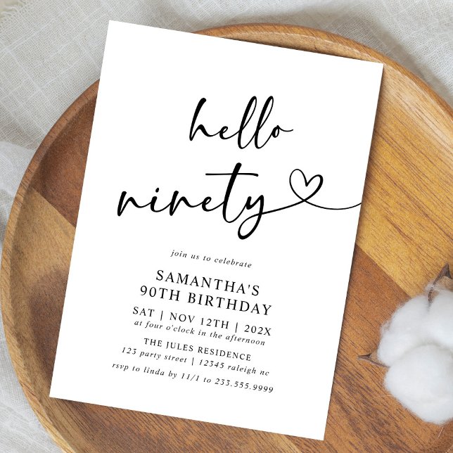 Hello Ninety Black and White 90th Birthday Party Invitation (Creator Uploaded)