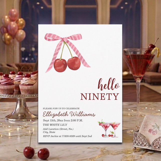 Hello Ninety Cherry Martini Birthday Party Invitation (Creator Uploaded)