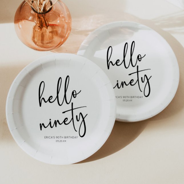 Hello Ninety Minimalist Simple 90th Birthday Party Paper Plate (Creator Uploaded)