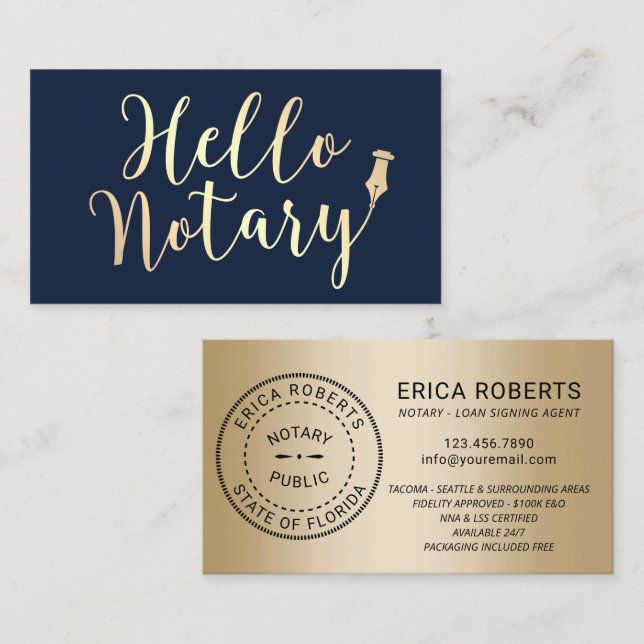 Hello Notary Loan Signing Agent Elegant Navy Gold Business Card (Front/Back)