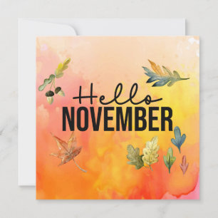 Hello November with Falling Leaves watercolor  Hol Holiday Card