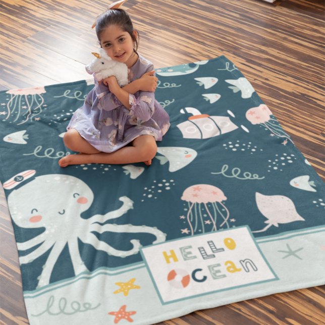Hello Ocean Octopus and Fish Nautical Blue Kid Fle Fleece Blanket (Creator Uploaded)