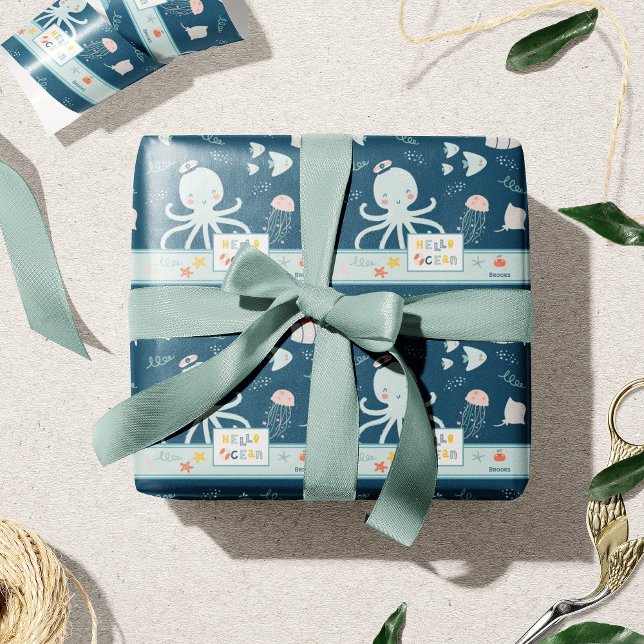 Hello Ocean Octopus and Fish Nautical Blue Kid Wrapping Paper (Creator Uploaded)