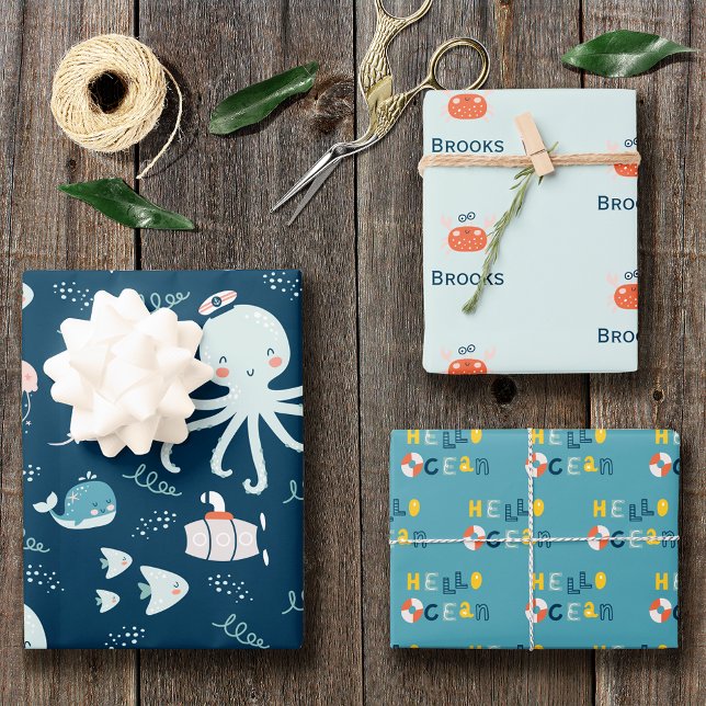 Hello Ocean Octopus and Fish Nautical Blue Kid Wrapping Paper Sheet (Creator Uploaded)