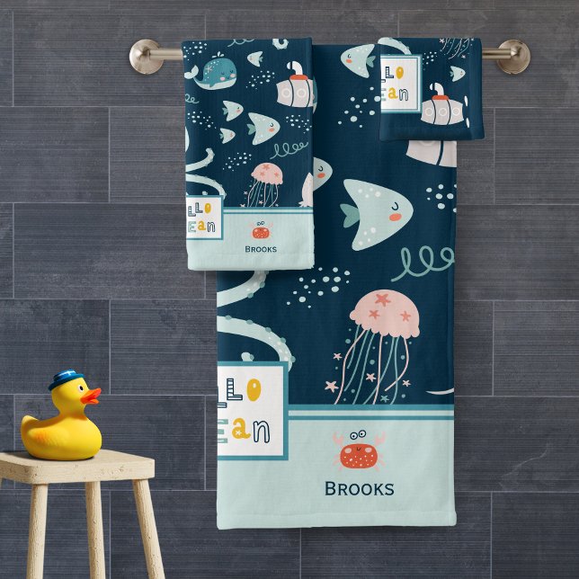 Hello Ocean Octopus Nautical Blue Kid Bathroom Bath Towel Set (Creator Uploaded)