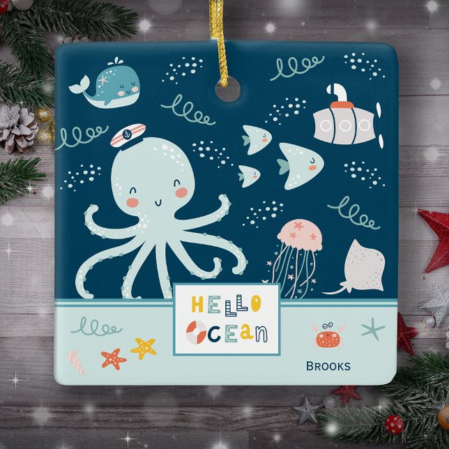 Hello Ocean Octopus Nautical Blue Kid Christmas Ceramic Ornament (Creator Uploaded)
