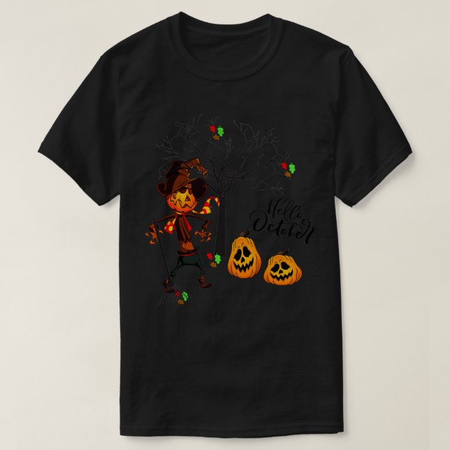 Hello October Autumn Leaves Jack O' Lantern Fall S T-Shirt (Design Front)