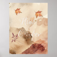Hello October Watercolor Brown Maple Leaves 