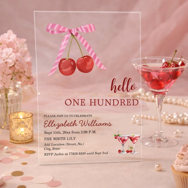 Hello One Hundred Cherry Martini Birthday Party Acrylic Invitations (Creator Uploaded)