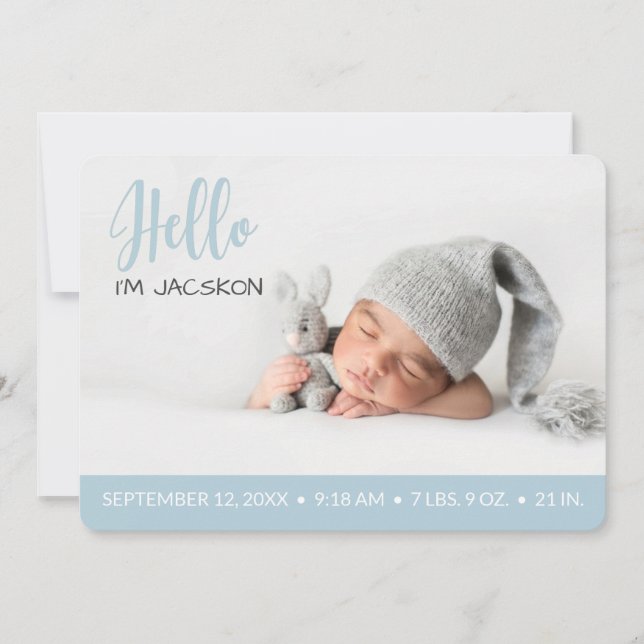Hello overlay baby boy photo modern pastel blue announcement (Front)
