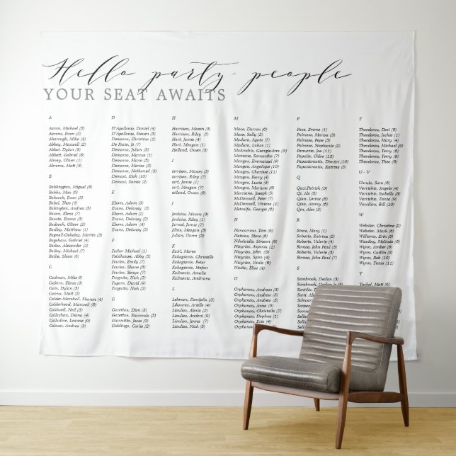 Hello Party People Wedding Alphabetic Seating Char Tapestry (In Situ (Horizontal))