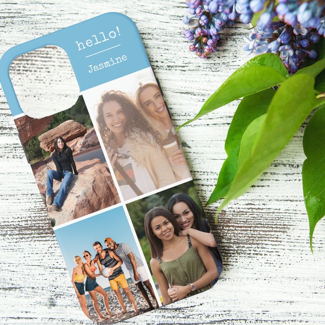 Hello! Personalised 4 Photo Collage Sky Blue Case-Mate iPhone Case (Creator Uploaded)
