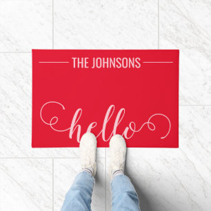 HELLO Personalised Family Name Welcome Mat Red