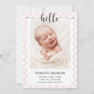 Hello Pink Gingham Birth Announcement Photo Card