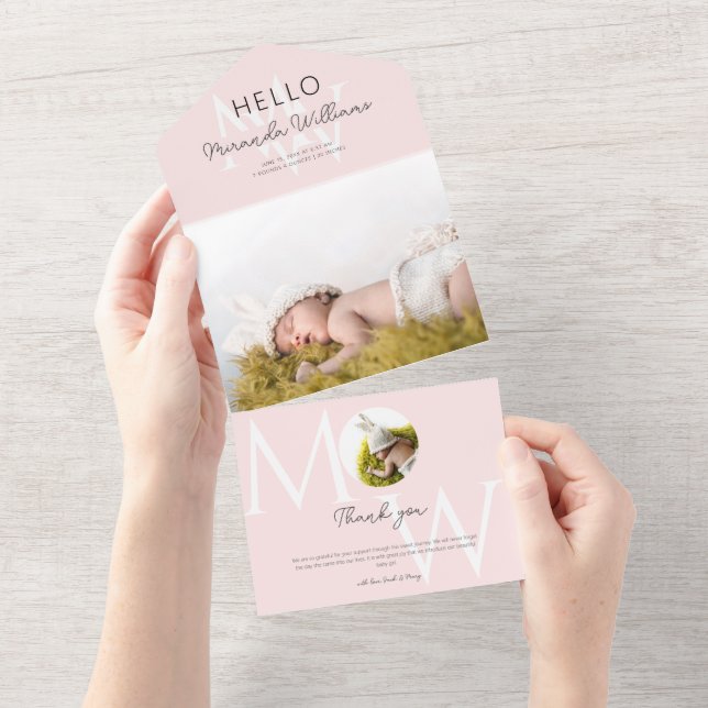Hello Pink Monogram Photo Birth Announcement (Tearaway)