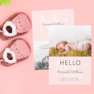 Hello Pink Monogram Photo Birth Announcement