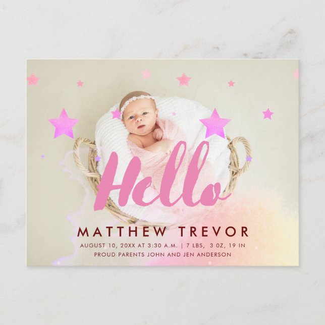 Hello Pink Script Dreamy Baby Birth Photo Announcement Postcard (Front)